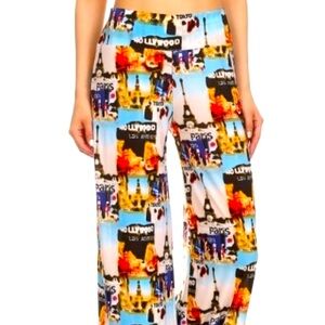 SHOSHO L/XL Boho Retro City Signs Printed Wide Band Flare Leg Palazzo Slacks